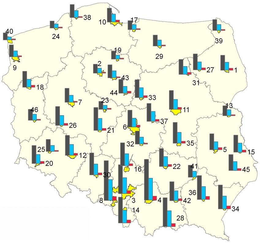 Krótkookresowe narażenie na pył PM10 w największych miastach Polski Liczba dni ze stężeniami dobowymi pyłu PM10 przekraczającymi 50 ug/m 3 na terenie aglomeracji i największych miast w Polsce w 2005