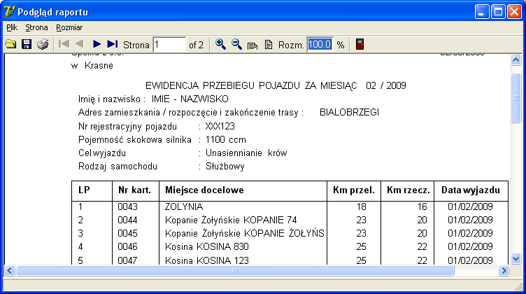 ustawionym filtrem. Dodatkowo na zakładce można wybrać miesiąc, za który chcemy przeglądać dojazdy.