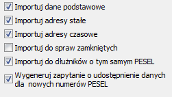 Ctrl + > w nagłówku kolumny oznacza, że używając tej kombinacji klawiszy, pole to zostanie przeniesione z kolumny Dane wniosku do kolumny Dane import.