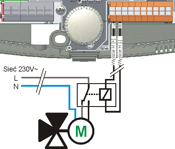 Rys. 16.11 Podłączenie przekaźnika do wyjścia H. Zawór trójdrogowy przełączający Wejście przystosowane jest do współpracy z zaworem przełączającym trójdrogowym sterowanym: 1.