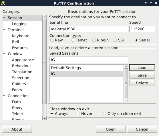 poleceń terminala wpisz: ~$ sudo putty konfiguracja połączenia w putty: Logowanie do systemu IG: LOGIN: root HASŁO: root Po zalogowaniu możesz sprawdzić, czy interfejs eth0 otrzymał numer IP z