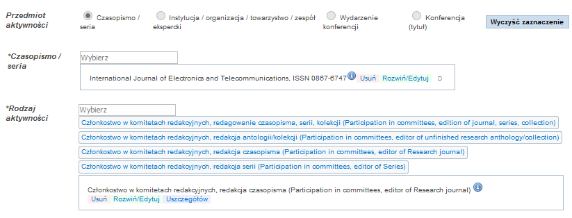W przypadku opisu aktywności związanej z czasopismem wybieramy określony rodzaj aktywności z podanego indeksu, który automatycznie dostosowuje się do wybranego przedmiotu aktywności (zrzut poniżej) 5.
