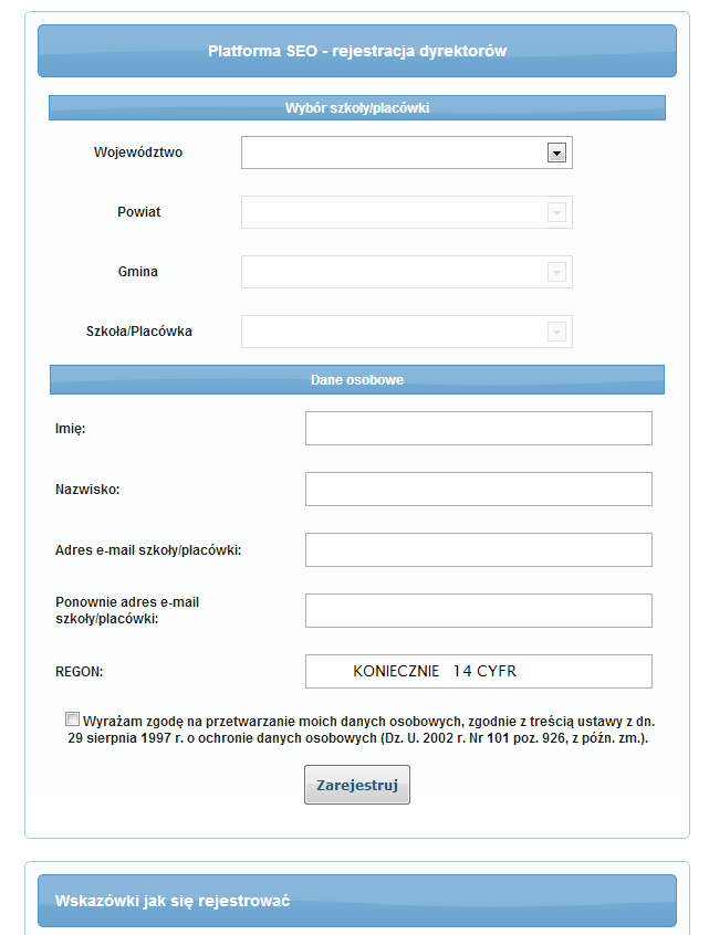 Rejestracja dyrektora na platformie SEO - adres: http://www.seo2.npseo.pl/register/director.