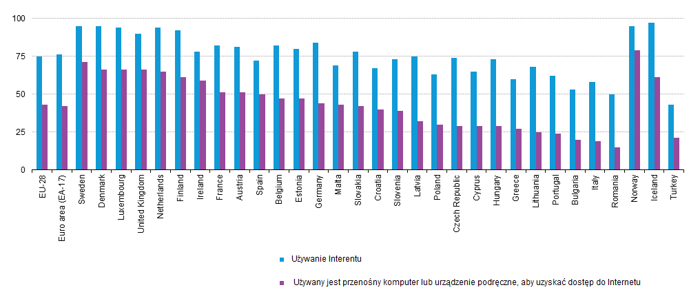 Odsetek regularnych i częstych użytkowników Internetu był wysoki we wszystkich państwach członkowskich UE, jak również w Islandii, Norwegii i Turcji.