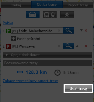 Aby usunąć wyznaczoną trasę, należy kliknąć