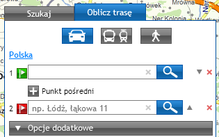 Domyślnie, jako kraj wyszukiwania i dodawania punktów trasy ustawiona jest Polska.