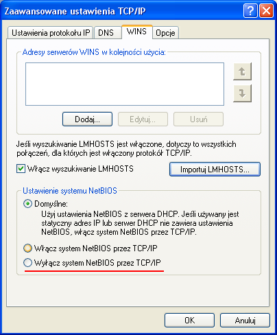 Konfigurując zaawansowane ustawienia TCP/IP możemy wyłączyć system NetBIOS przez TCP/IP dla danego połączenia sieciowego Etap 3.