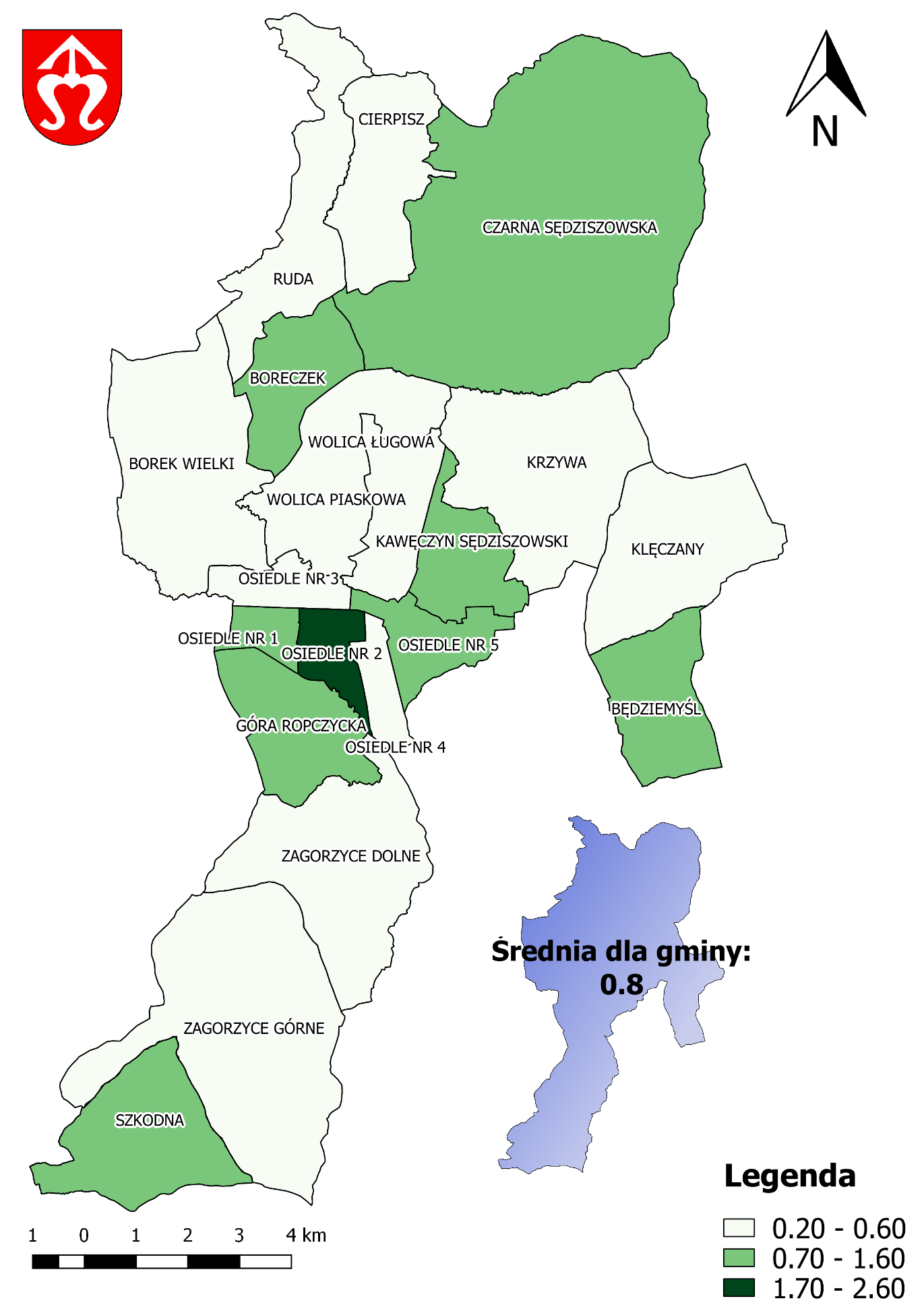 Mapa 19 Rozkład wartości wskaźnika Liczba stwierdzonych przestępstw ogółem w przeliczeniu na 100 osób wg faktycznego miejsca zamieszkania w poszczególnych