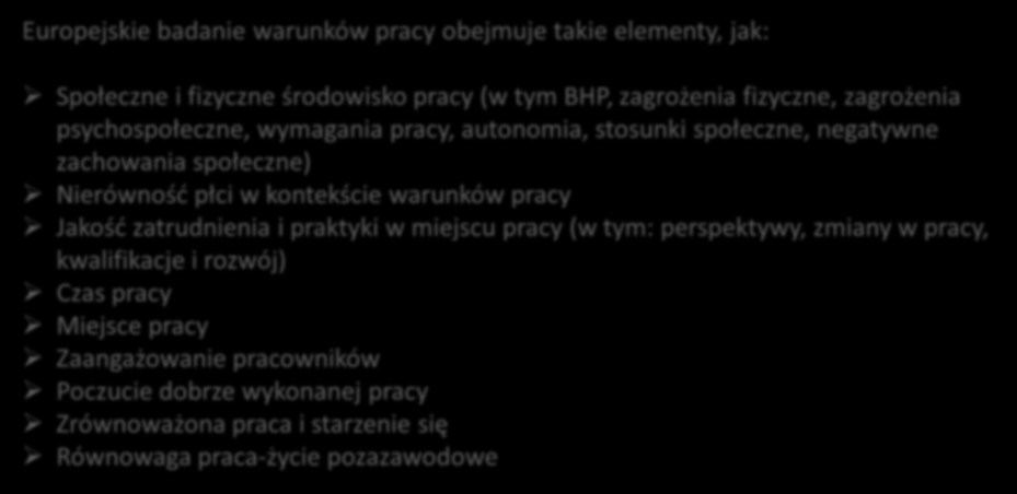 Elementy warunków pracy Europejskie badanie warunków pracy obejmuje takie elementy, jak: Społeczne i fizyczne środowisko pracy (w tym BHP, zagrożenia fizyczne, zagrożenia psychospołeczne, wymagania