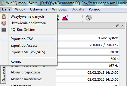 14.4.11 Eksport danych W menu rozwijanym u góry ekranu Ustawienia/Export można dokonać konfiguracji ustawień pliku, do którego dokonywany będzie eksport zarejestrowanych danych.