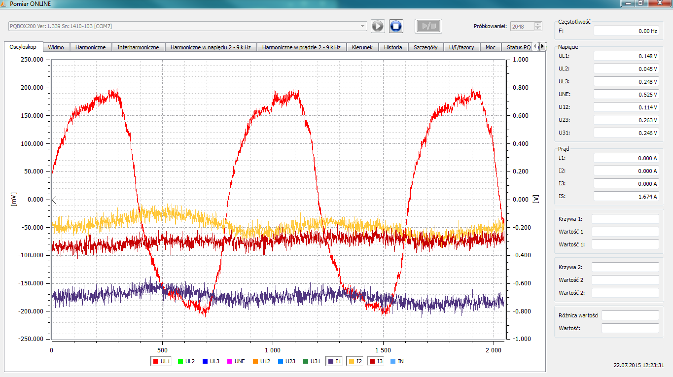 17. Podgląd on-line mierzonych wartości W trybie PQ-BoxOnLine (przycisk jak obok) istnieje możliwość obserwacji wartości skutecznych, przebiegów oscyloskopowych, harmonicznych i interharmonicznych w