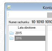 W wyświetlonym oknie ustaw się na numerze rachunku bankowego i kliknij przycisk KONTA KSIĘGOWE. 3. W kolumnie po lewej wskaż rok, nad którym chcesz pracować: 4.