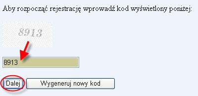 W okienku edycyjnym należy wpisać kod z obrazka i nacisnąć przycisk Dalej.