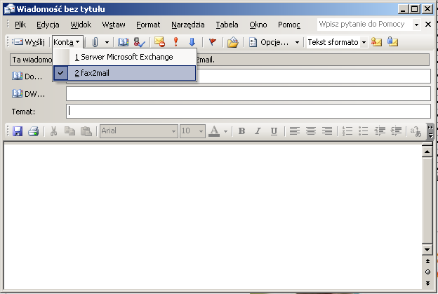 4 WYSYŁANIE FAXÓW 1.1 W celu wysłania faksu należy rozpocząć pisanie nowej wiadomości w programie MS Outlook. 1.2 Następnie należy wybrać konto, które zostało skonfigurowane w punkcie 1 1.
