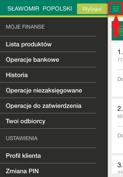 5. MENU APLIKACJI W dowolnym momencie korzystania z aplikacji, możesz wywołać menu. Wystarczy dotknąć przycisk w lewym górnym rogu ekranu: Menu może być przewijane gestem przeciągania w dół lub górę.