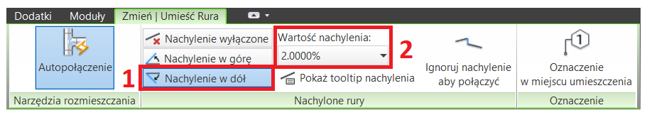 Aby możliwe było utworzenie systemu rur doprowadzających wodę i odprowadzających ścieki z kabiny prysznicowej, utworzyć przekrój według poniższego schematu: Widok Utwórz Przekrój PPM na utworzonym