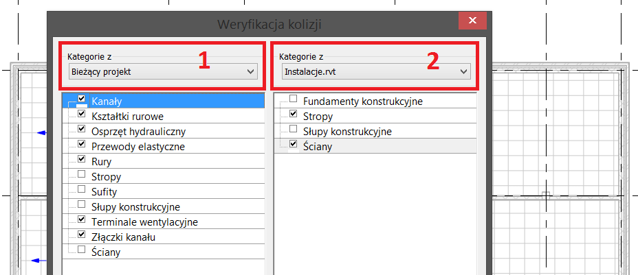 9. Sprawdzanie kolizji Współpracuj Współrzędne Sprawdzanie kolizji Uruchom sprawdzanie kolizji W nowo otwartym oknie wybrać elementy, które zostaną sprawdzone pod