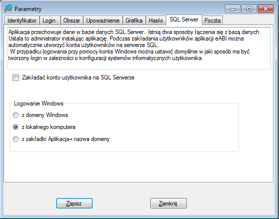 Rysunek 16 Parametry - domyślne ustawienia przy zakładaniu kont na SQL Serwer Aplikacja umożliwia wysłanie wiadomości e-mail o utworzeniu nowego wniosku o upoważnienie osoby do przetwarzania danych