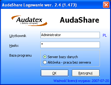 Rysunek 6.4. Edytowanie wartości DWORD Po uruchomieniu AudaShare użytkownik powinien mieć możliwość wyboru dwóch baz danych: serwera lub aktówki.
