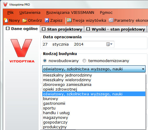 Dodatkowo, na zakładce Dane ogólne należy doprecyzować rodzaj budynku: Wybrany rodzaj budynku ma nie tylko wpływ na weryfikowane na bieżąco graniczne wartości współczynników przenikania ciepła (Umx)