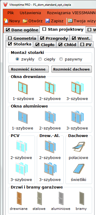 Wprowadzono osłony termiczne (zimowe) i przeciwsłoneczne (letnie), typowe wymiary stolarki oraz trzy standardy montażu stolarki: zwykły, ciepły i pasywny.