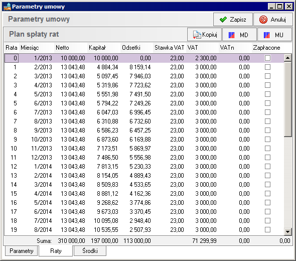 Umowy LWD 10 5 Rys. 10-3 Panel Raty okna Parametry umowy. Pomocą powinny być przyciski MD i MU.