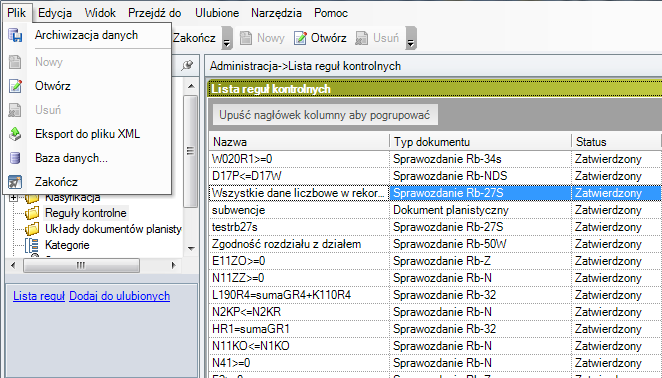 Rysunek 168. Opcja Eksportu do pliku XML Na zakończenie system poprosi o wskazanie lokalizacji na dysku, w której zostanie zapisany plik XML zawierający słownik reguł kontrolnych.