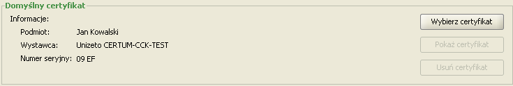 8. W głównym oknie wyświetlą się informacje o certyfikacie domyślnym do podpisu. 9.