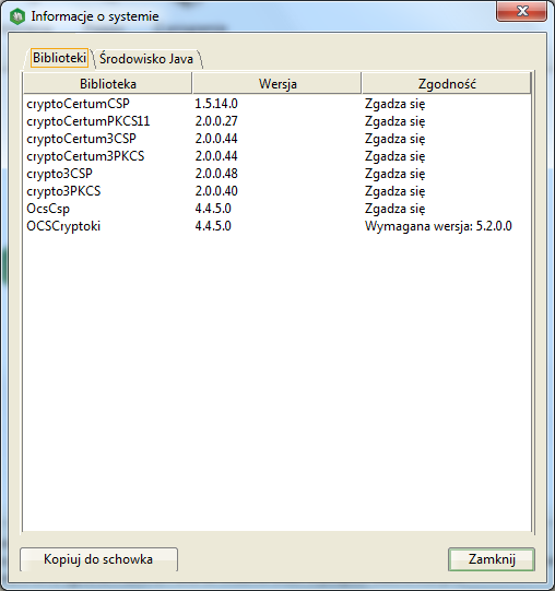 Rysunek 10: Informacje o systemie Zakładka Biblioteki Na zakładce Środowisko Java prezentowane jest okno
