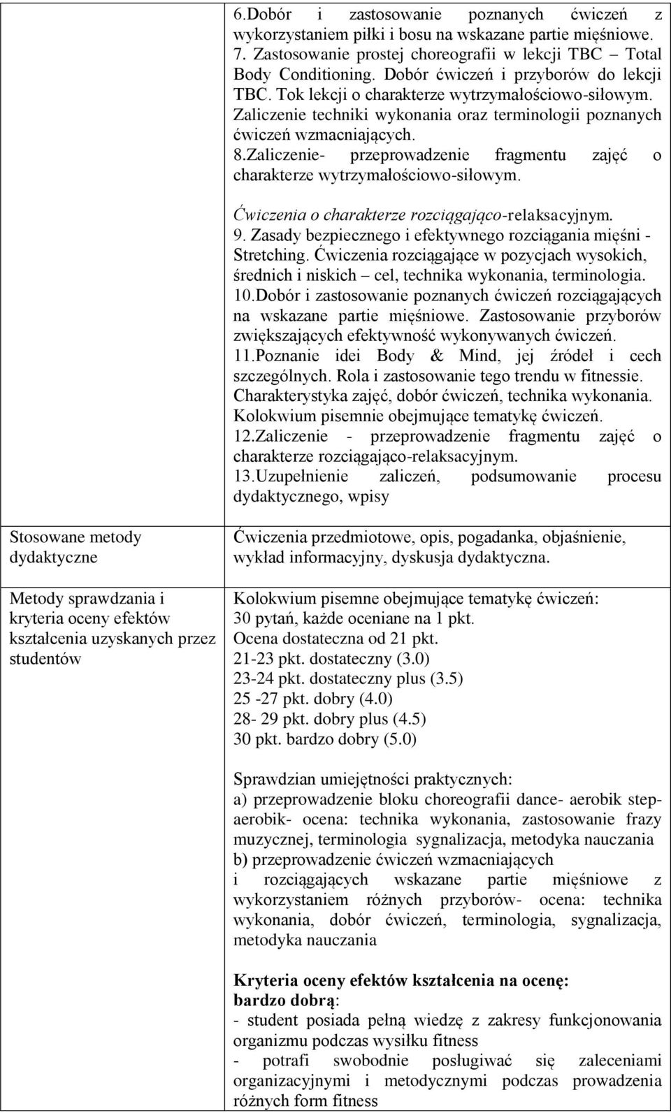 Zaliczenie- przeprowadzenie fragmentu zajęć o charakterze wytrzymałościowo-siłowym. Ćwiczenia o charakterze rozciągająco-relaksacyjnym. 9.