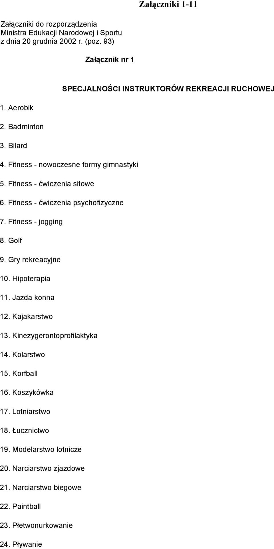 Fitness - ćwiczenia sitowe 6. Fitness - ćwiczenia psychofizyczne 7. Fitness - jogging 8. Golf 9. Gry rekreacyjne 10. Hipoterapia 11. Jazda konna 12.