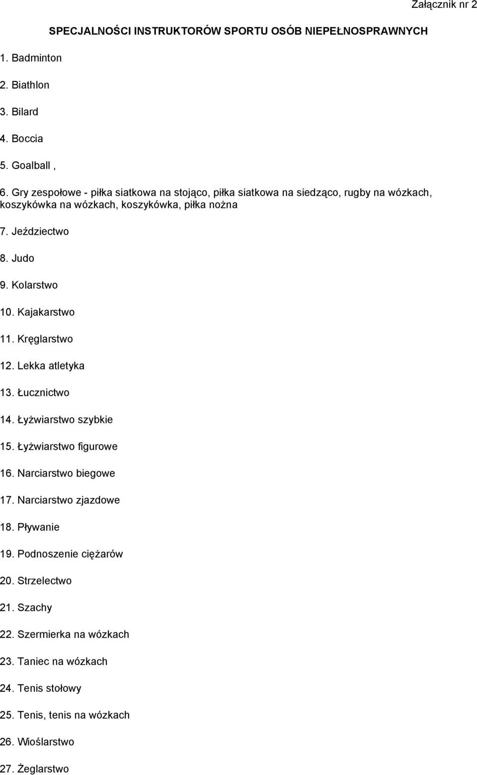 Kolarstwo 10. Kajakarstwo 11. Kręglarstwo 12. Lekka atletyka 13. Łucznictwo 14. Łyżwiarstwo szybkie 15. Łyżwiarstwo figurowe 16. Narciarstwo biegowe 17.