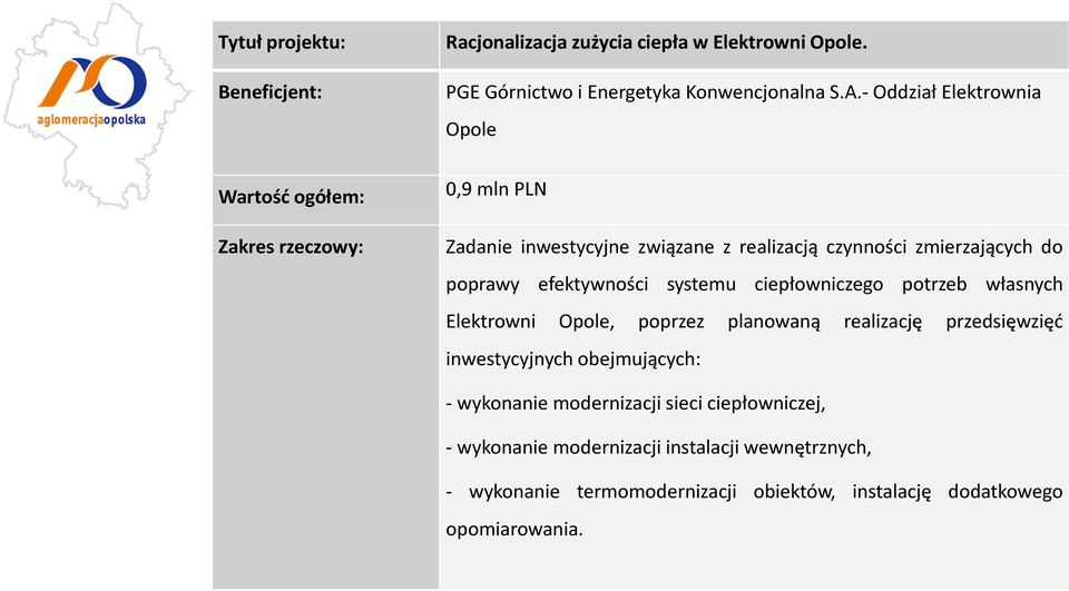 efektywności systemu ciepłowniczego potrzeb własnych Elektrowni Opole, poprzez planowaną realizację przedsięwzięć inwestycyjnych