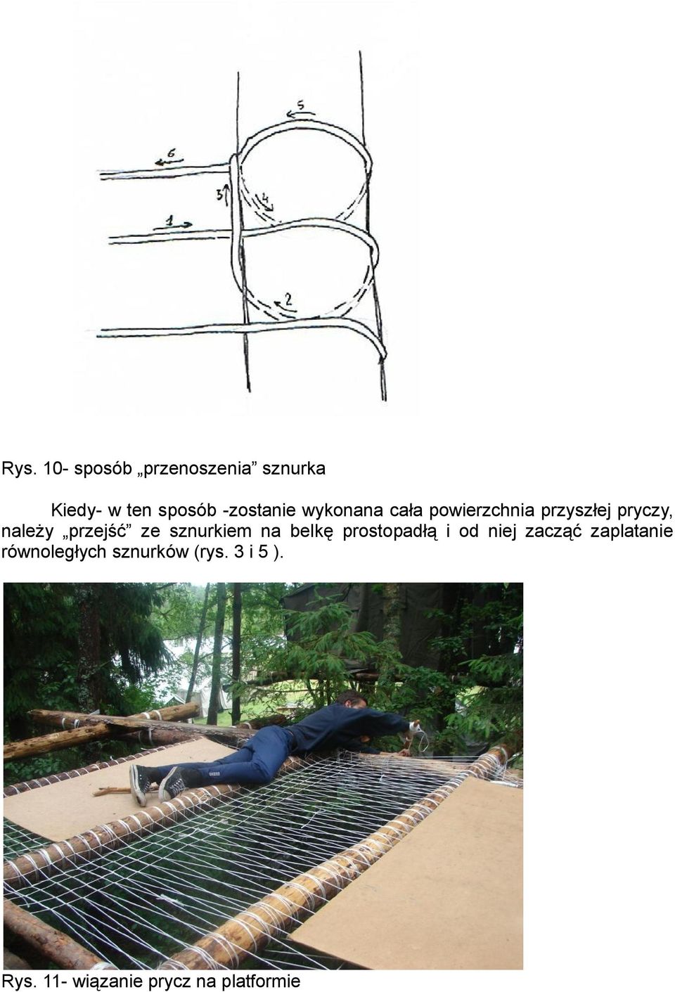 przejść ze sznurkiem na belkę prostopadłą i od niej zacząć