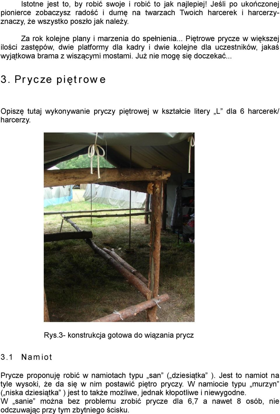 Już nie mogę się doczekać... 3. Prycze piętrowe Opiszę tutaj wykonywanie pryczy piętrowej w kształcie litery L dla 6 harcerek/ harcerzy. Rys.3- konstrukcja gotowa do wiązania prycz 3.
