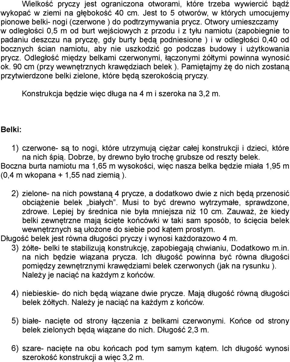 Otwory umieszczamy w odległości 0,5 m od burt wejściowych z przodu i z tyłu namiotu (zapobiegnie to padaniu deszczu na pryczę, gdy burty będą podniesione ) i w odległości 0,40 od bocznych ścian