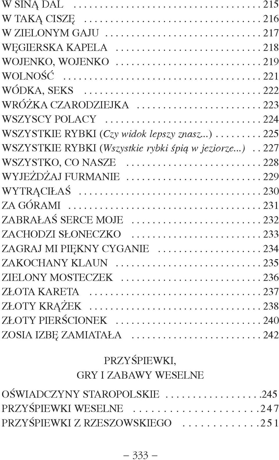 ............................. 224 WSZYSTKIE RYBKI (Czy widok lepszy znasz...)......... 225 WSZYSTKIE RYBKI (Wszystkie rybki œpi¹ w jeziorze...).. 227 WSZYSTKO, CO NASZE.......................... 228 WYJE D AJ FURMANIE.