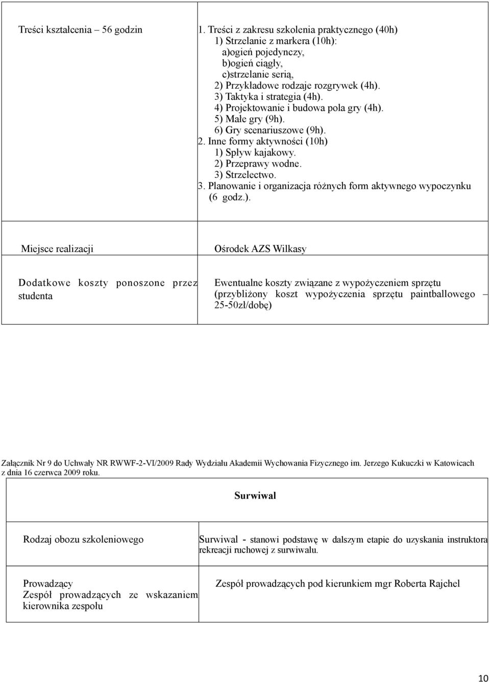 4) Projektowanie i budowa pola gry (4h). 5) Małe gry (9h). 6) Gry scenariuszowe (9h). 2. Inne formy aktywności (10h) 1) Spływ kajakowy. 2) Przeprawy wodne. 3)