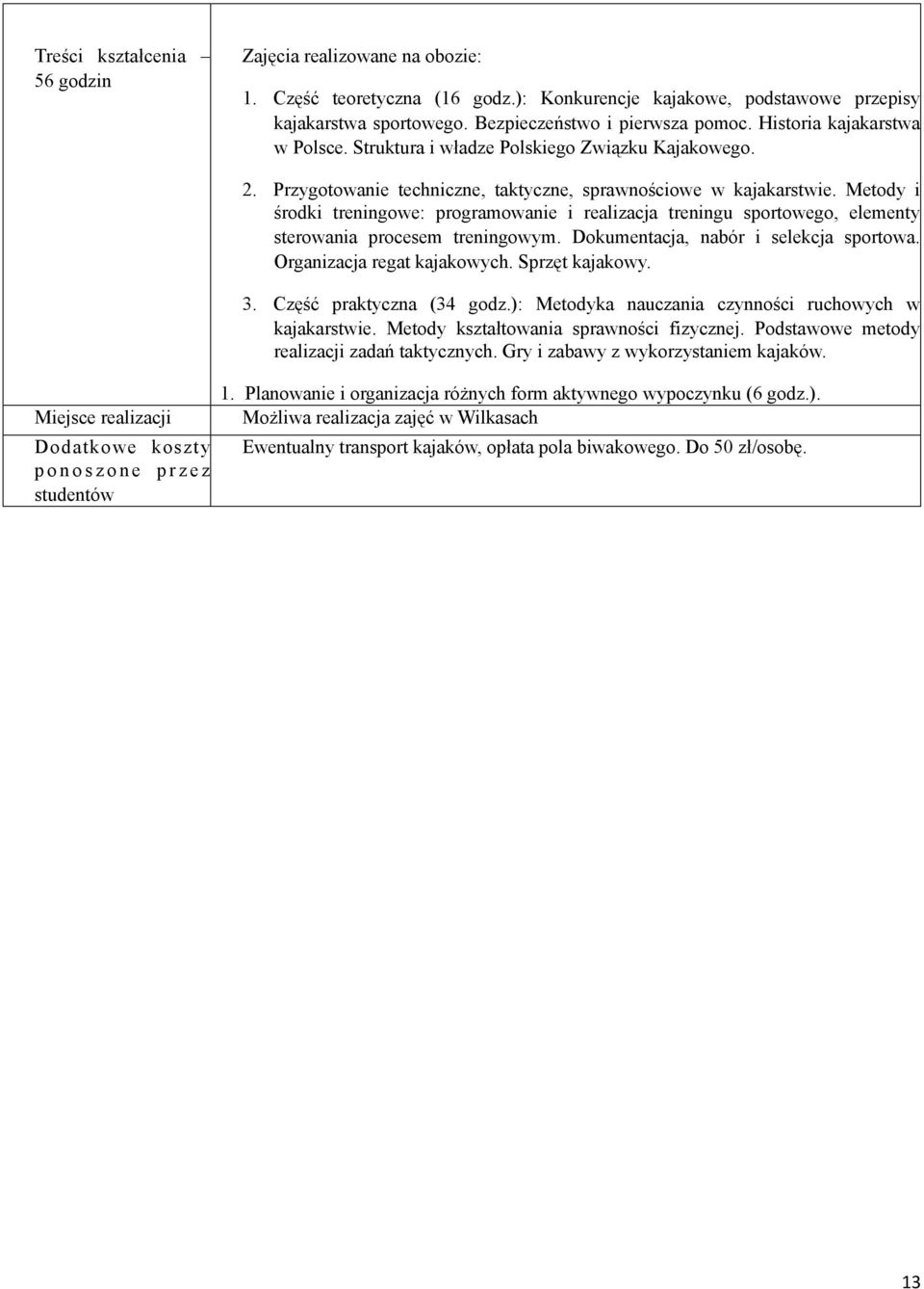 Metody i środki treningowe: programowanie i realizacja treningu sportowego, elementy sterowania procesem treningowym. Dokumentacja, nabór i selekcja sportowa. Organizacja regat kajakowych.