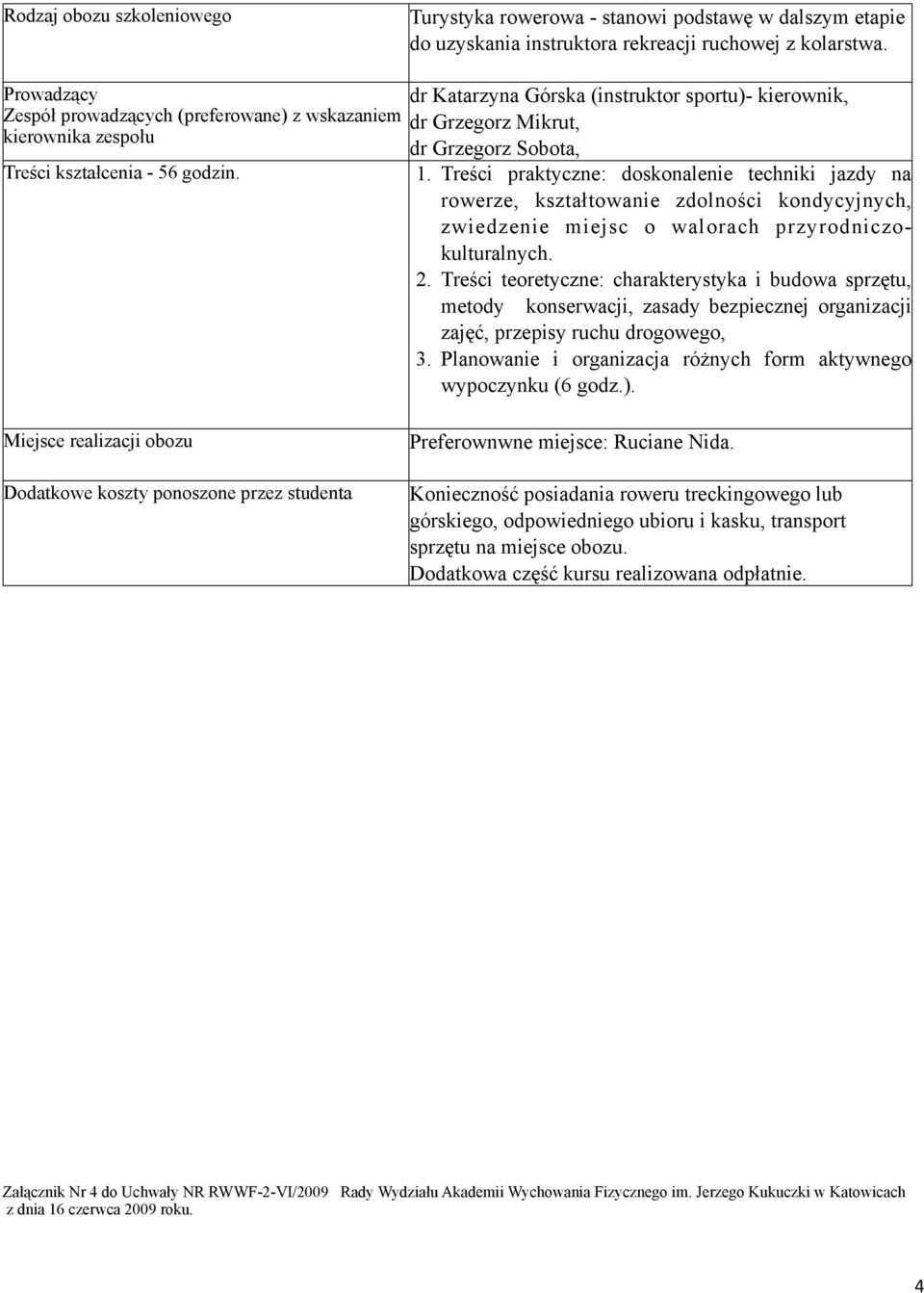 Treści praktyczne: doskonalenie techniki jazdy na rowerze, kształtowanie zdolności kondycyjnych, zwiedzenie miejsc o walorach przyrodniczokulturalnych. 2.