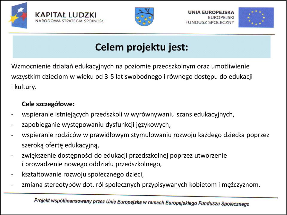 - Cele szczegółowe: wspieranie istniejących przedszkoli w wyrównywaniu szans edukacyjnych, zapobieganie występowaniu dysfunkcji językowych, wspieranie rodziców w