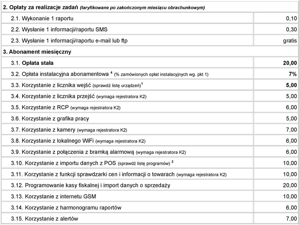 4. Korzystanie z licznika przejść (wymaga rejestratora K2) 5,00 3.5. Korzystanie z RCP (wymaga rejestratora K2) 6,00 3.6. Korzystanie z grafika pracy 5,00 3.7.