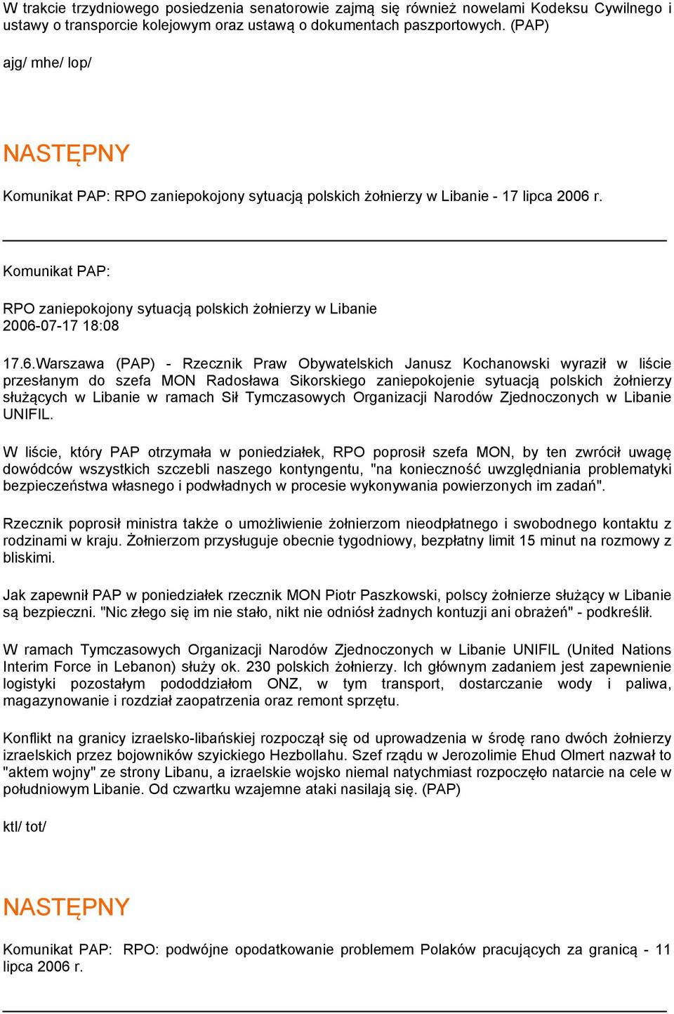 r. RPO zaniepokojony sytuacją polskich żołnierzy w Libanie 2006-