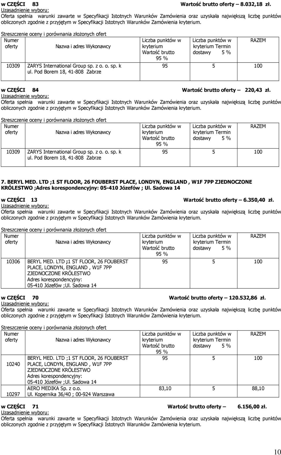 LTD ;1 ST FLOOR, 26 FOUBERST PLACE, LONDYN, ENGLAND, W1F 7PP ZJEDNOCZONE KRÓLESTWO ;Adres korespondencyjny: 05-410 Józefów ; Ul. Sadowa 14 w CZĘŚCI 13 6.350,40 zł.