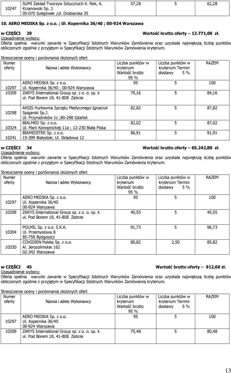 Kopernika 36/40 ; 00-924 Warszawa Termin 79,16 5 84,16 10298 10324 10241 AKSIS Hurtownia Sprzętu Medycznego Ignaciuk Spigarski Sp.J. Ul. Przyrodników 1c ;80-298 Gdańsk BIALMED Sp. z o.o. Ul. Marii Konopnickiej 11a ; 12-230 Biała Piska BIAMEDITEK Sp.
