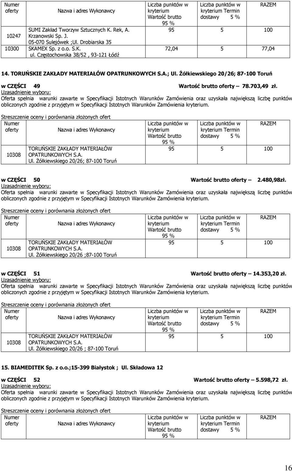 Żółkiewskiego 20/26; 87-100 Toruń Termin w CZĘŚCI 50 2.480,98zł. obliczonych zgodnie z przyjętym w Specyfikacji Istotnych Warunków Zamówienia. 10308 TORUŃSKIE ZAKŁADY MATERIAŁÓW OPATRUNKOWYCH S.A. Ul.