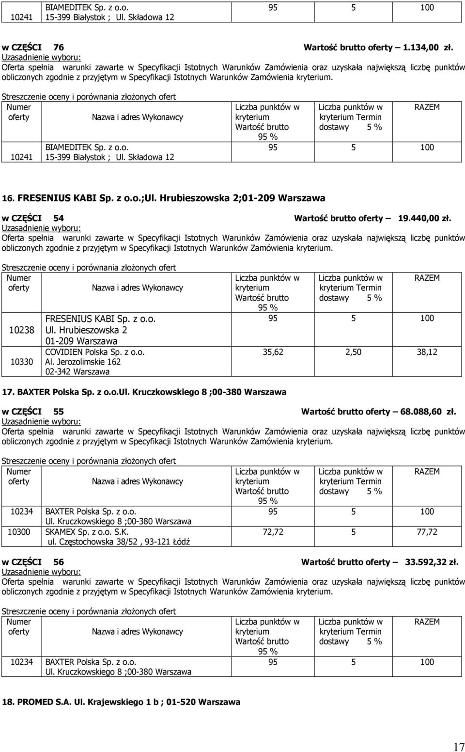 z o.o. Ul. Hrubieszowska 2 01-209 Warszawa COVIDIEN Polska Sp. z o.o. Al. Jerozolimskie 162 02-342 Warszawa Termin 35,62 2,50 38,12 17. BAXTER Polska Sp. z o.o.ul.