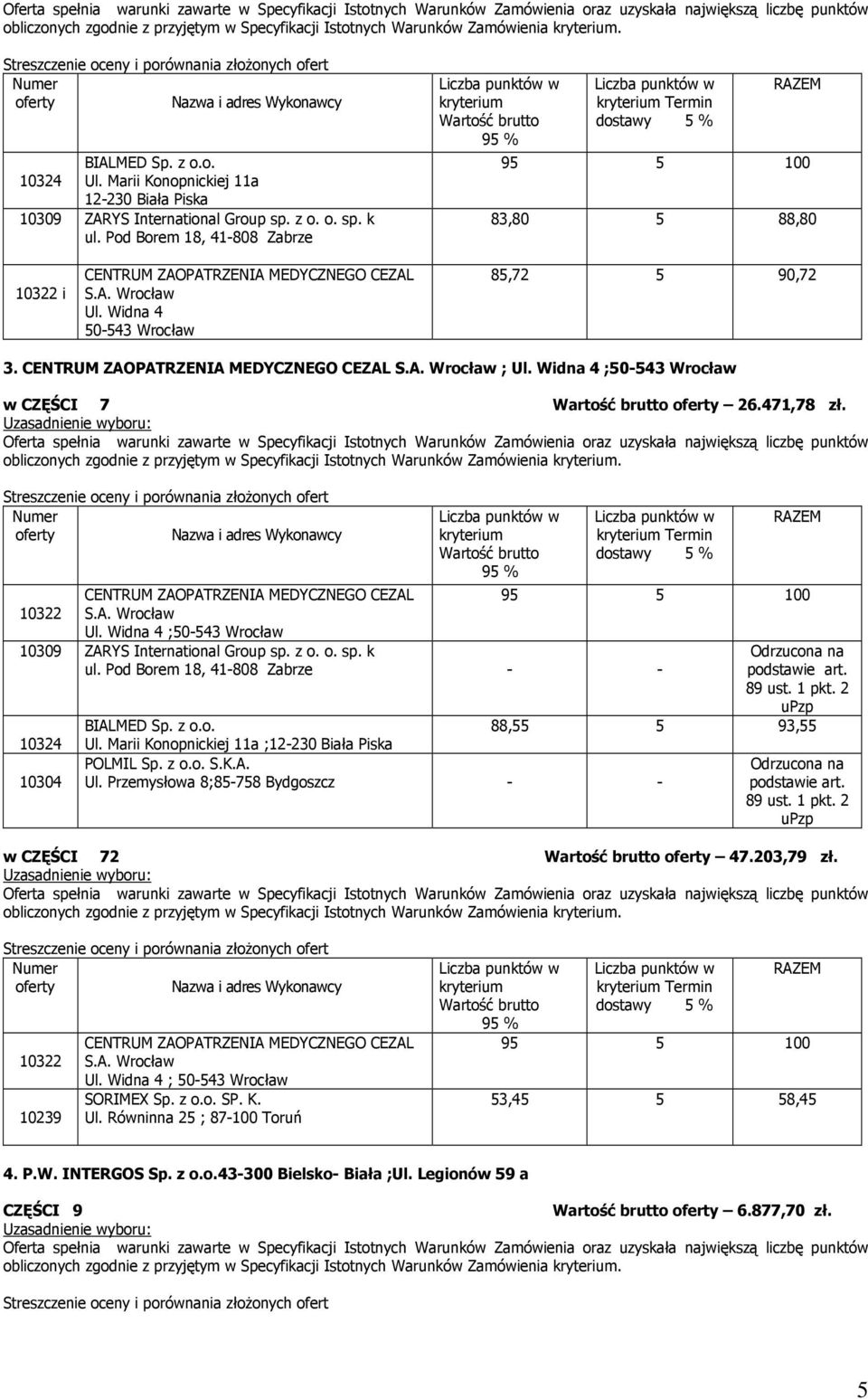 CENTRUM ZAOPATRZENIA MEDYCZNEGO CEZAL S.A. Wrocław ; Ul. Widna 4 ;50-543 Wrocław w CZĘŚCI 7 26.471,78 zł. obliczonych zgodnie z przyjętym w Specyfikacji Istotnych Warunków Zamówienia.