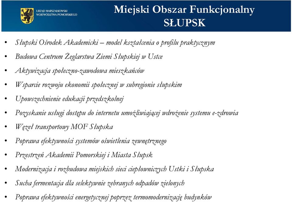 e-zdrowia Węzeł transportowy MOF Słupska Poprawa efektywności systemów oświetlenia zewnętrznego Przestrzeń Akademii Pomorskiej i Miasta Słupsk Modernizacja i rozbudowa