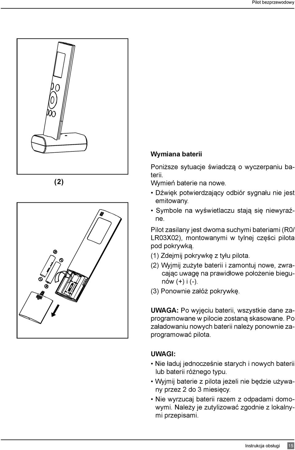 (2) Wyjmij zużyte baterii i zamontuj nowe, zwracając uwagę na prawidłowe położenie biegunów (+) i (-). (3) Ponownie załóż pokrywkę.